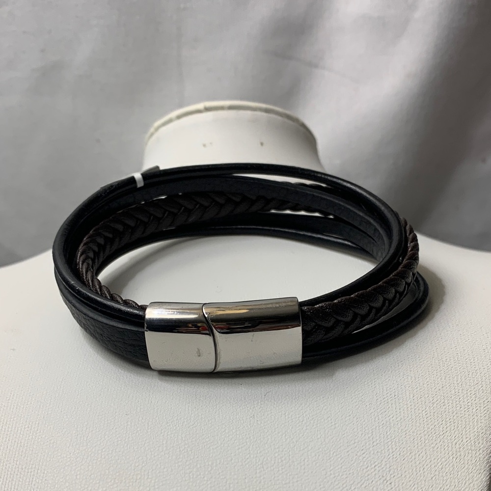 Macy's Black and Brown Leather Men’s Bracelet with Stainless Steel Clasp
